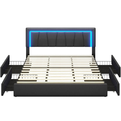 4 Drawers Faux Leather Upholstered Platform Bed Frame with LED Headboard Black