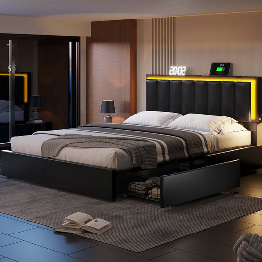 Hasuit Artificial Leather Upholstered Bed Frame with 4 Drawers, LED Light Charging and Station