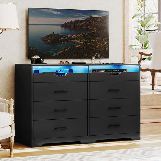 6 Drawers LED Dresser with 2 Pull-Out Tray Storage Organizer