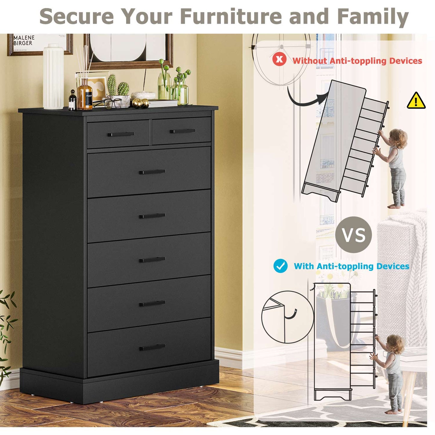 Hasuit Black Dresser Tall 7 Drawer Dresser with Sturdy Base